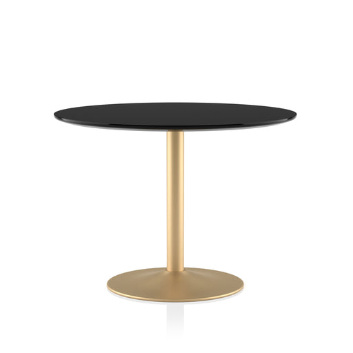 Gloss black round dining table with a bottom beveled edge on a gold disk base against a white background.