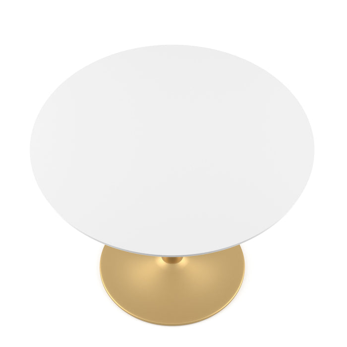 Top view of a gloss white round dining table on a gold disk base against a white background.