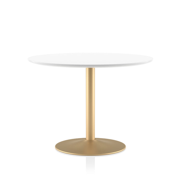 Gloss white round dining table with a bottom beveled edge on a gold disk base against a white background.