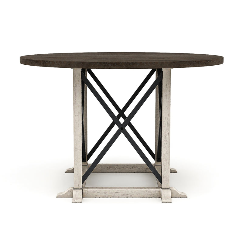 Front-facing dark walnut and antique white trestle base dining table against a white background.