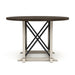 Front-facing dark walnut and antique white trestle base dining table against a white background.