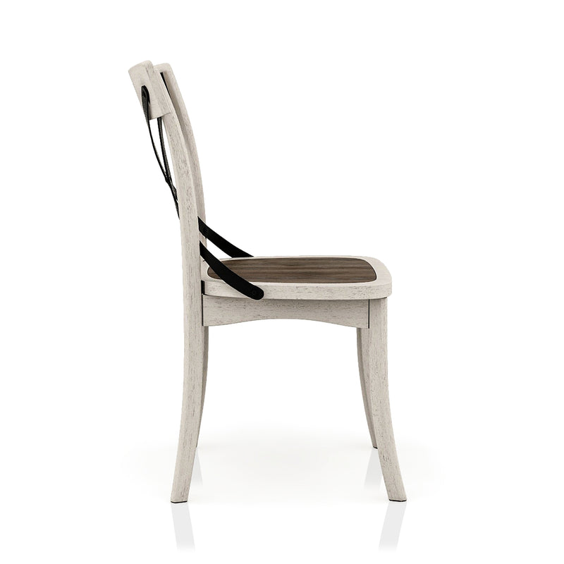 Right-facing dark walnut and antique white X-back dining chair against a white background.