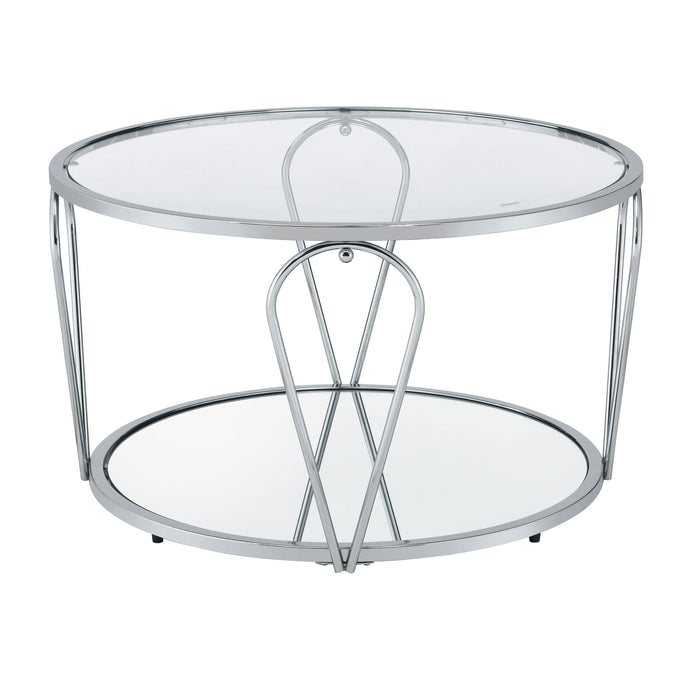 Front-facing view of modern round chrome coffee table with teardrop legs and mirrored lower shelf on a white background