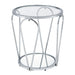 Right angled side view of modern round chrome end table with teardrop legs and mirrored lower shelf on a white background