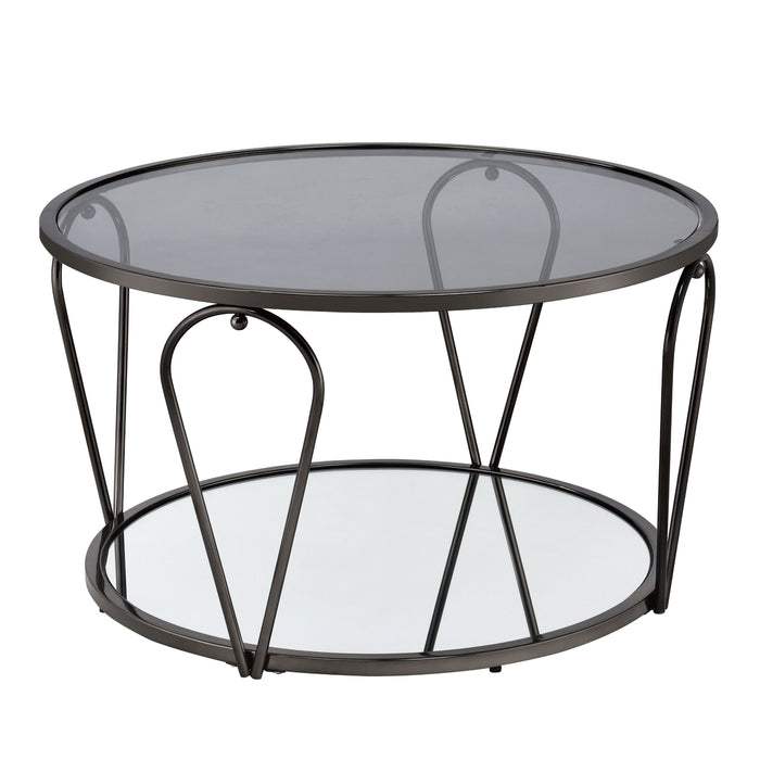 Right angled side view of modern round black nickel coffee table with teardrop legs and mirrored lower shelf on a white background