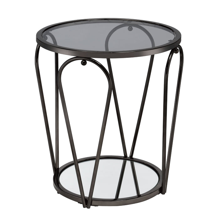 Right angled view of modern round black nickel end table with teardrop legs and mirrored lower shelf on a white background