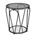 Right angled view of modern round black nickel end table with teardrop legs and mirrored lower shelf on a white background