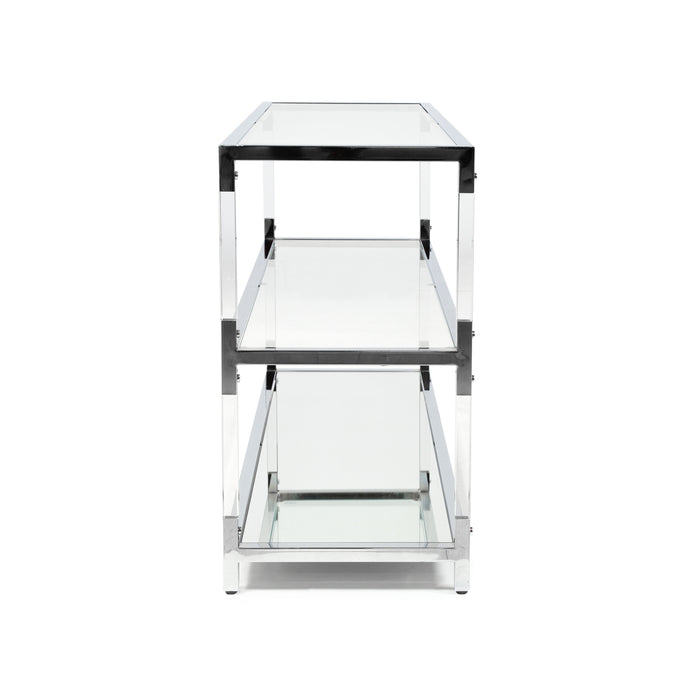 Right-facing modern clear acrylic and chrome sofa table with glass and mirror shelves on a white background