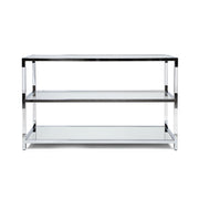 Front-facing modern clear acrylic and chrome sofa table with glass and mirror shelves on a white background
