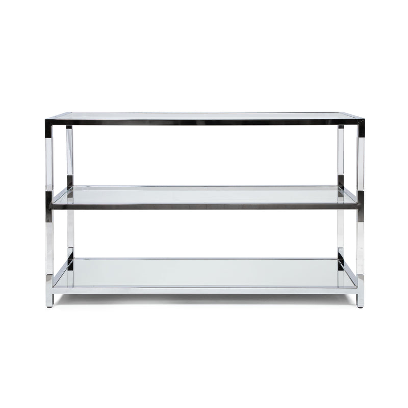 Front-facing modern clear acrylic and chrome sofa table with glass and mirror shelves on a white background