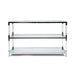 Front-facing modern clear acrylic and chrome sofa table with glass and mirror shelves on a white background