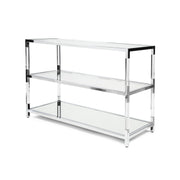 Left angled view of modern clear acrylic and chrome sofa table with glass and mirror shelves on a white background