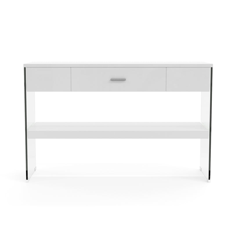 Lorenz White and Glass Panel Single-Drawer Open Shelf Sofa Table