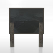 Backside of a brown flax flannelette upholstered headboard.