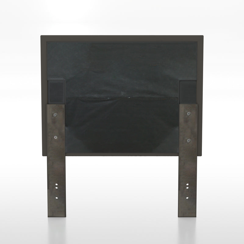 Backside of a brown flax flannelette upholstered headboard.