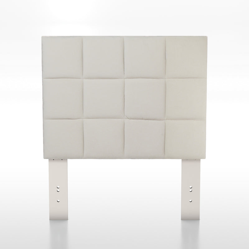 Front-facing biscuit tufted ivory flax flannelette upholstered twin headboard.