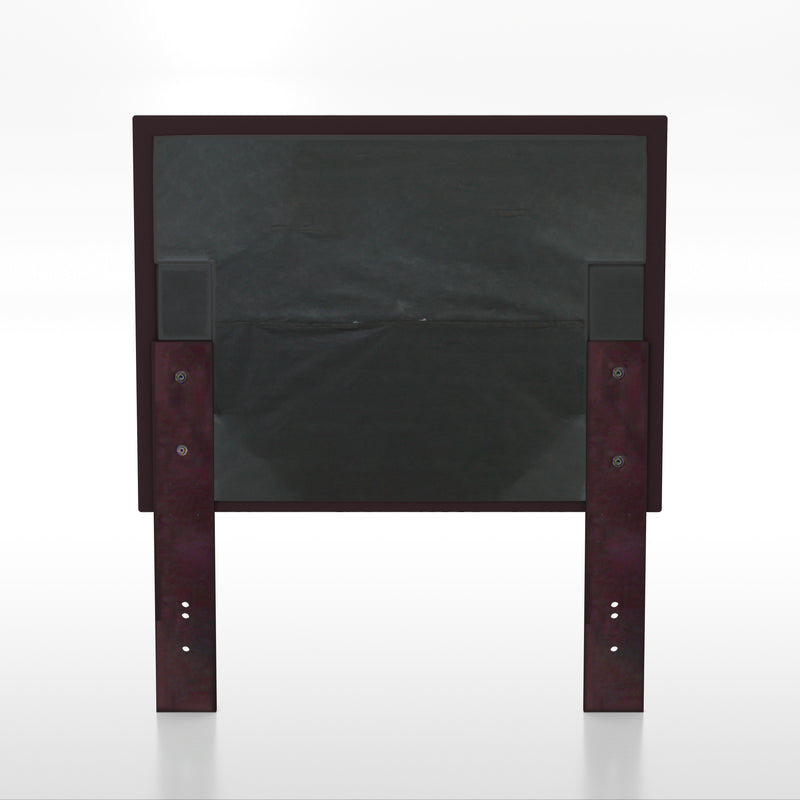 Backside of a purple flax flannelette upholstered headboard.