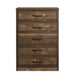 Front-facing rustic walnut 5-drawer chest against a white background.