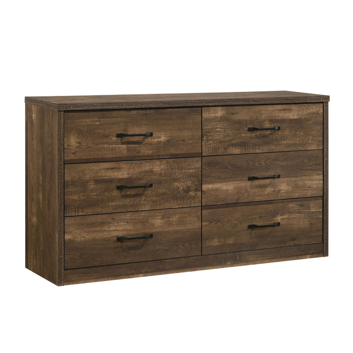 Right-angled rustic walnut 6-drawer dresser against a white background.