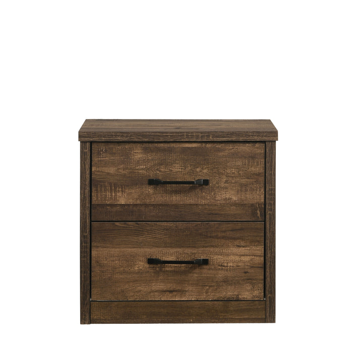 Front-facing rustic walnut 2-drawer nightstand against a white background.