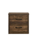 Front-facing rustic walnut 2-drawer nightstand against a white background.