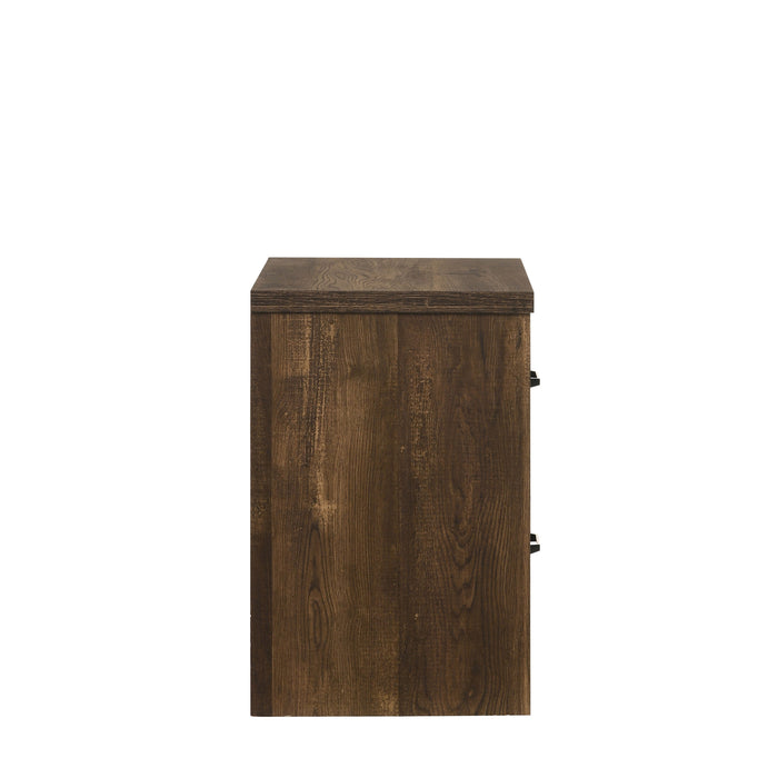 Right-facing rustic walnut 2-drawer nightstand against a white background.