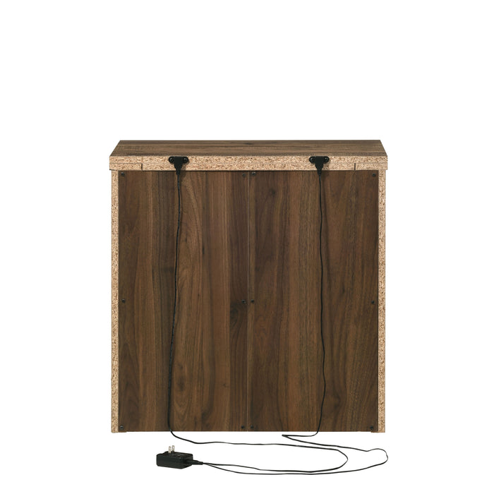 Backside of a rustic walnut nightstand against a white background. Two USB ports are built-in to the unfinished chipboard edge.