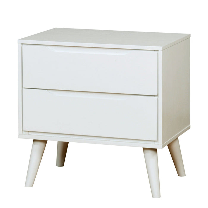 Left-angled white mid-century modern style nightstand against a white background. Two drawers with grooved handles sit on tapered and splayed feet.