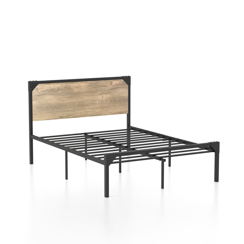 Right-angled metal bed against a white background. A wood-like headboard panel is bracketed in the steel frame with corner bolt accents.