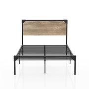 Straight-facing metal bed against a white background. A wood-like headboard panel is bracketed in the steel frame with corner bolt accents.
