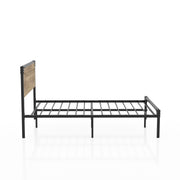 Side-facing metal bed against a white background. A wood-like headboard panel is bracketed in the steel frame with corner bolt accents.