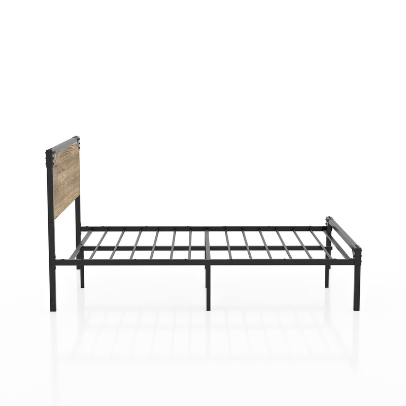 Side-facing metal bed against a white background. A wood-like headboard panel is bracketed in the steel frame with corner bolt accents.