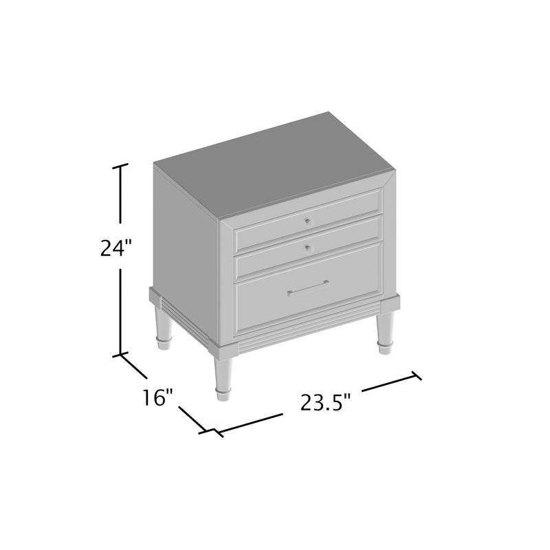 Diagram of a nightstand with the measurements 24 inches high x 16 inches deep x 23.5 inches wide