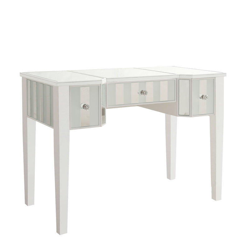 Right-angled white vanity table against a white background. This vanity table features a mirrored tabletop and stripe frosted mirrored drawers with acrylic knobs.