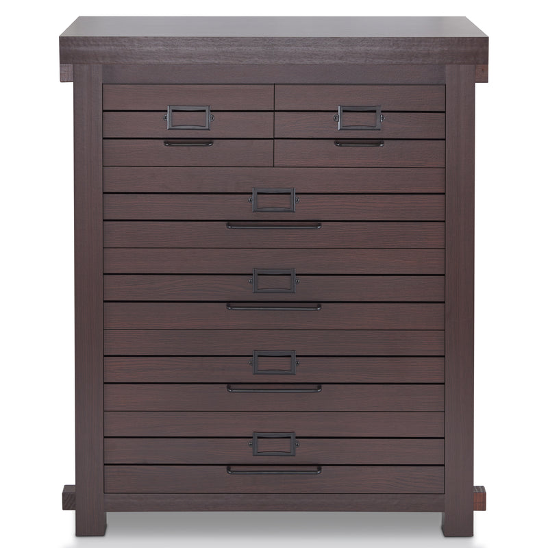 Front-facing six-drawer wood dresser on a white background