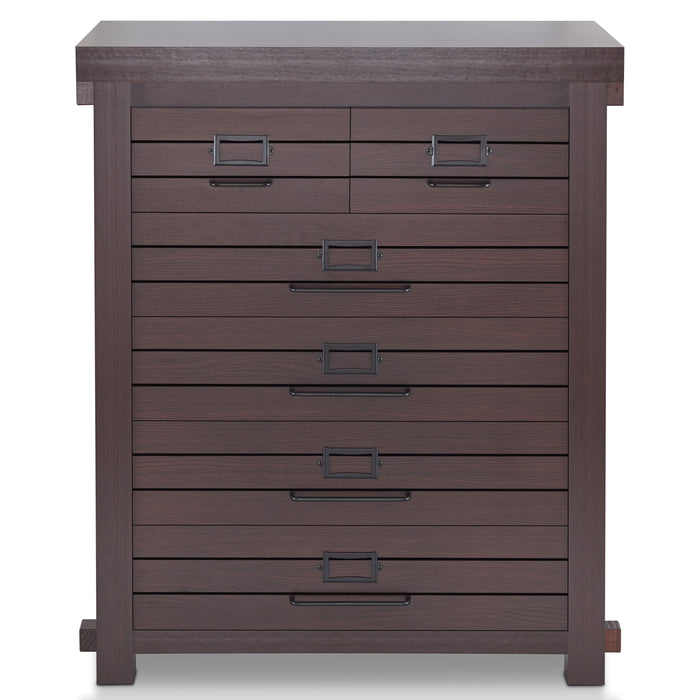 Front-facing six-drawer wood dresser on a white background