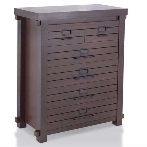 Right-angled six-drawer wood dresser on a white background