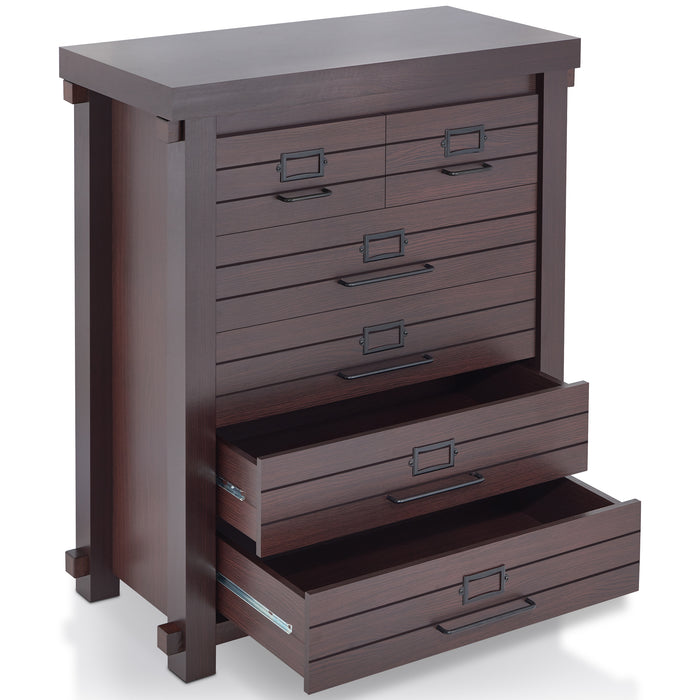 Right-angled six-drawer wood dresser with bottom two drawers open on a white background