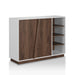 Right angled modern two-door shoe cabinet in white and brown on a white background