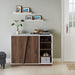 Front-facing modern two-door shoe cabinet in white and brown in an entryway with accessories