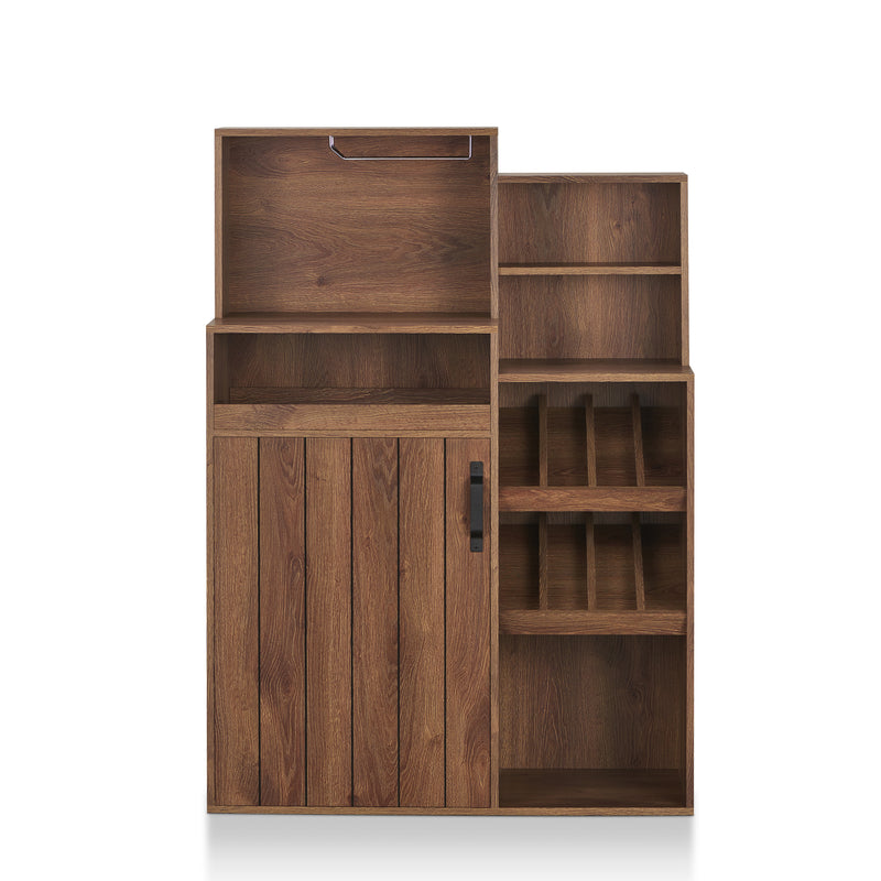 Front-facing distressed walnut wine bar cabinet against a white background. Above the countertop on the left is a metal hanging stemware rack. The tiered design features two shelves on the right, just above two display wine racks. Another large open shelf is on the bottom right. Above the slatted cabinet door is a pull-out tray.
