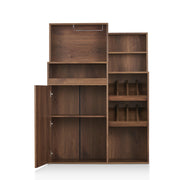 Front-facing distressed walnut wine bar cabinet against a white background. Above the countertop on the left is a metal hanging stemware rack. The tiered design features two shelves on the right, just above two display wine racks. Another large open shelf is on the bottom right. The open cabinet door reveals two interior shelves.