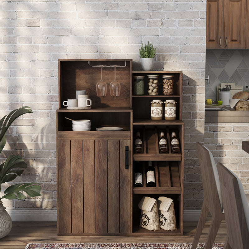 Swishson Distressed Walnut Multi-Storage 8-Bottle Wine Bar Cabinet