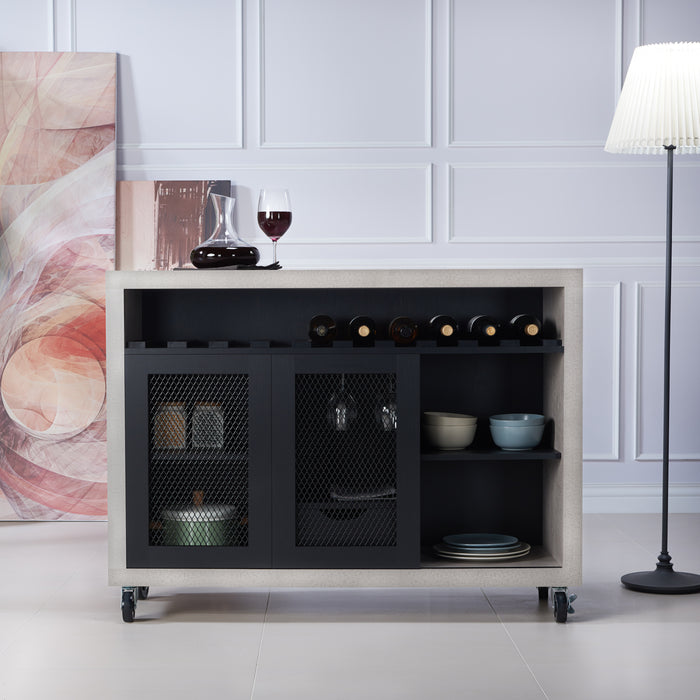 Straight-facing cement and black wine bar cabinet against a white background. The 10 slots beneath the tabletop hold wine bottles, while the 3 stemware racks hang wine glasses. A plank-style drawer is flanked by wire-mesh cabinets. The entire buffet sits on wheels with parking brakes.