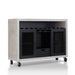 Right-angled cement and black wine bar cabinet against a white background. The 10 slots beneath the tabletop hold wine bottles, while the 3 stemware racks hang wine glasses. A plank-style drawer is flanked by wire-mesh cabinets. The entire buffet sits on wheels with parking brakes.