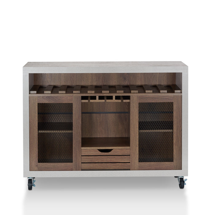 Straight-facing cement and distressed walnut wine bar cabinet against a white background. The 10 slots beneath the tabletop hold wine bottles, while the 3 stemware racks hang wine glasses. A plank-style drawer is flanked by wire-mesh cabinets. The entire buffet sits on wheels with parking brakes
