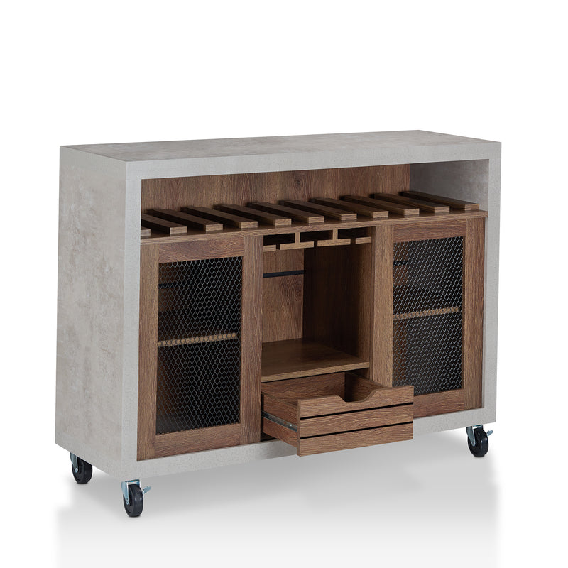 Right-angled cement and distressed walnut wine bar cabinet against a white background. Ten (10) slots beneath the tabletop hold wine bottles, while the 3 stemware racks hang wine glasses. The right wire-mesh cabinet slides open to reveal 2 shelves. The entire buffet sits on wheels with parking brakes.
