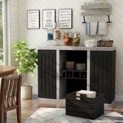 Left-angled black and cement-like wine bar cabinet in a farmhouse dining room. The crate-inspired box is removed and sits on the floor in front of the sideboard.