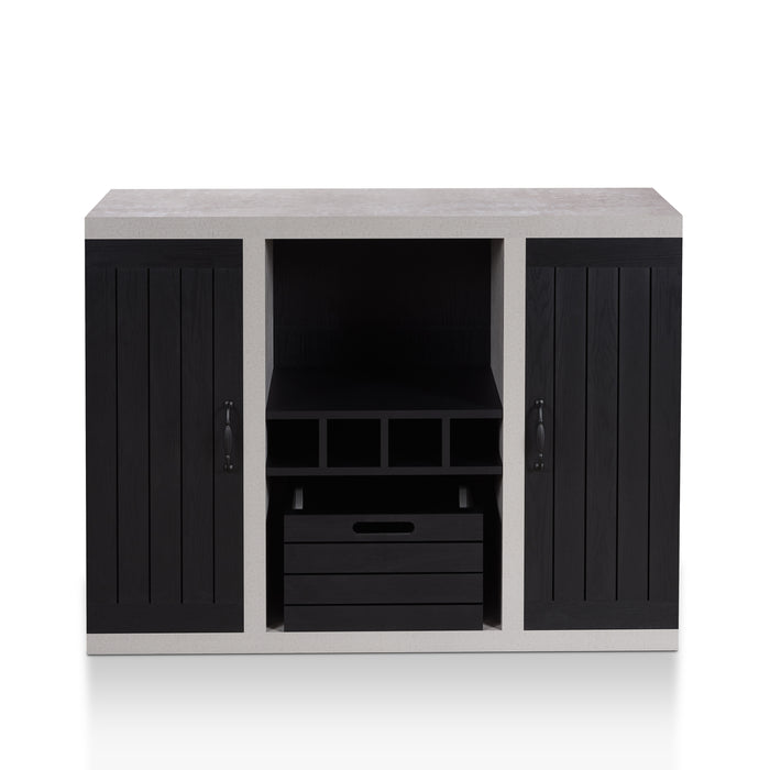 Front-facing black and cement-like wine bar cabinet against a white background. Two plank-style cabinet doors and a crate-inspired removable box give a rustic touch to the sideboard. Below the central open shelf are 4 wine slots.