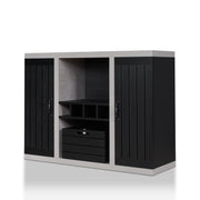 Left-angled black and cement-like wine bar cabinet against a white background. Two plank-style cabinet doors and a crate-inspired removable box give a rustic touch to the sideboard. Below the central open shelf are 4 wine slots.